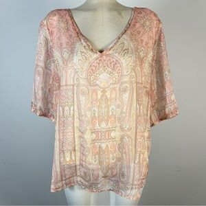 Cream Elegant V-Neck Paisley Blouse in Soft Pink 44